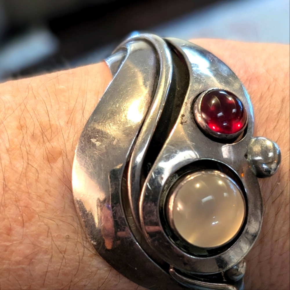 Unique Handmade ALL Silver With Gems Cuff bracelet. Sketched Marks